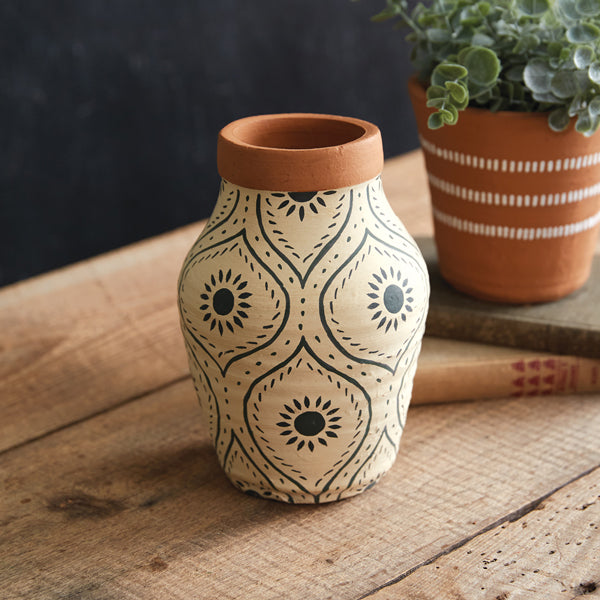 Hand Painted Sunburst Terra Cotta Vase